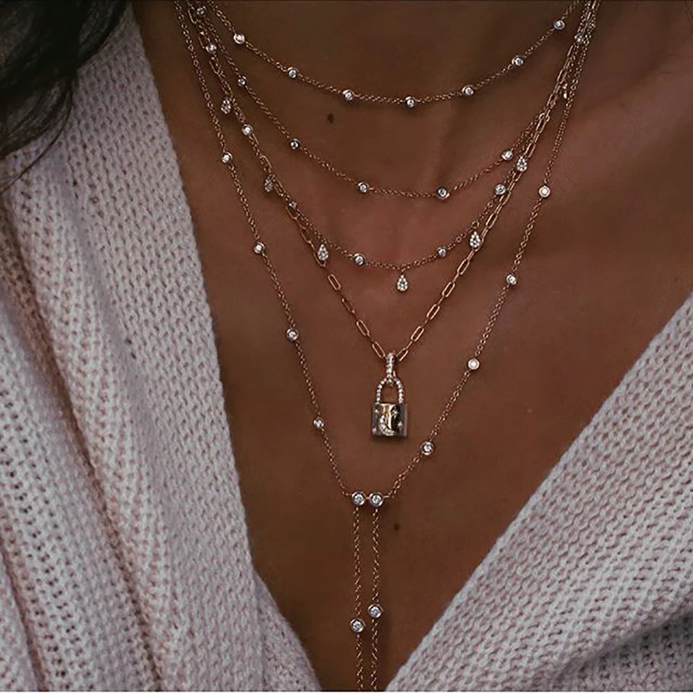 Star Moon Lock Necklace For Women