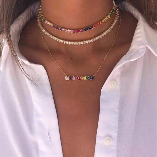 rainbow Necklaces colorful crystal Gold filled women fashion choker gifts